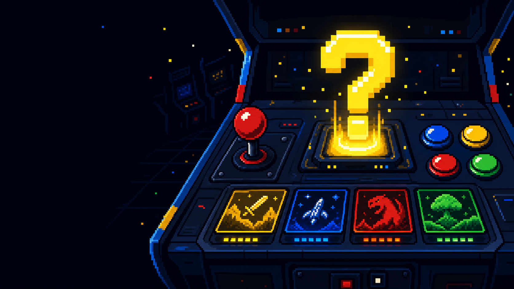 A colorful 16-bit quiz arcade console with a glowing question mark and four answer buttons.